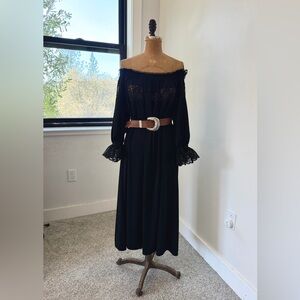 Vintage 70s Ayres Unlimited Black Off-Shoulder Lace Dress Western Festival